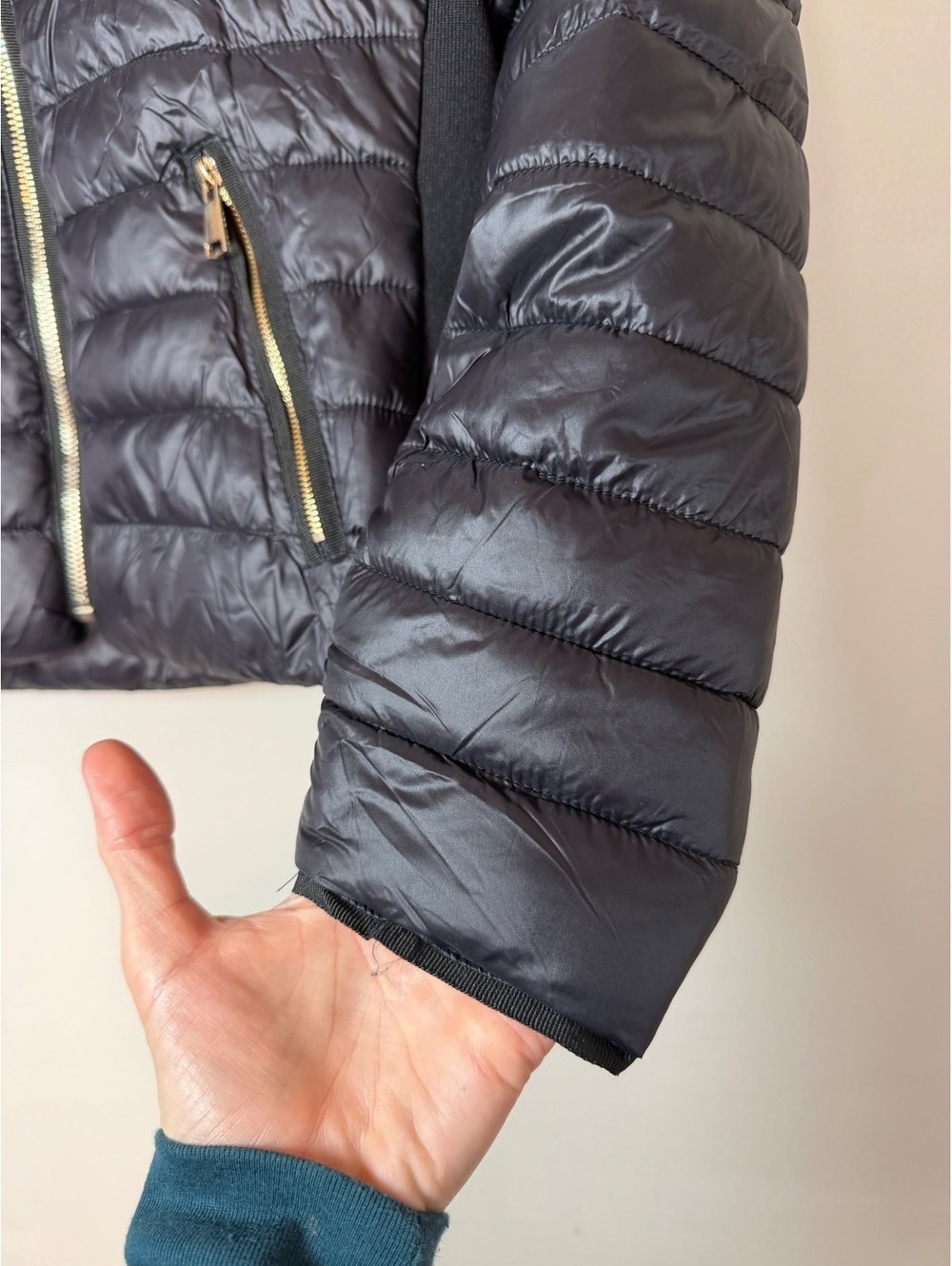 Love Tree Women's Medium Black Quilted Nylon Puffer Jacket with Gold Zippers. - Picture 3 of 7